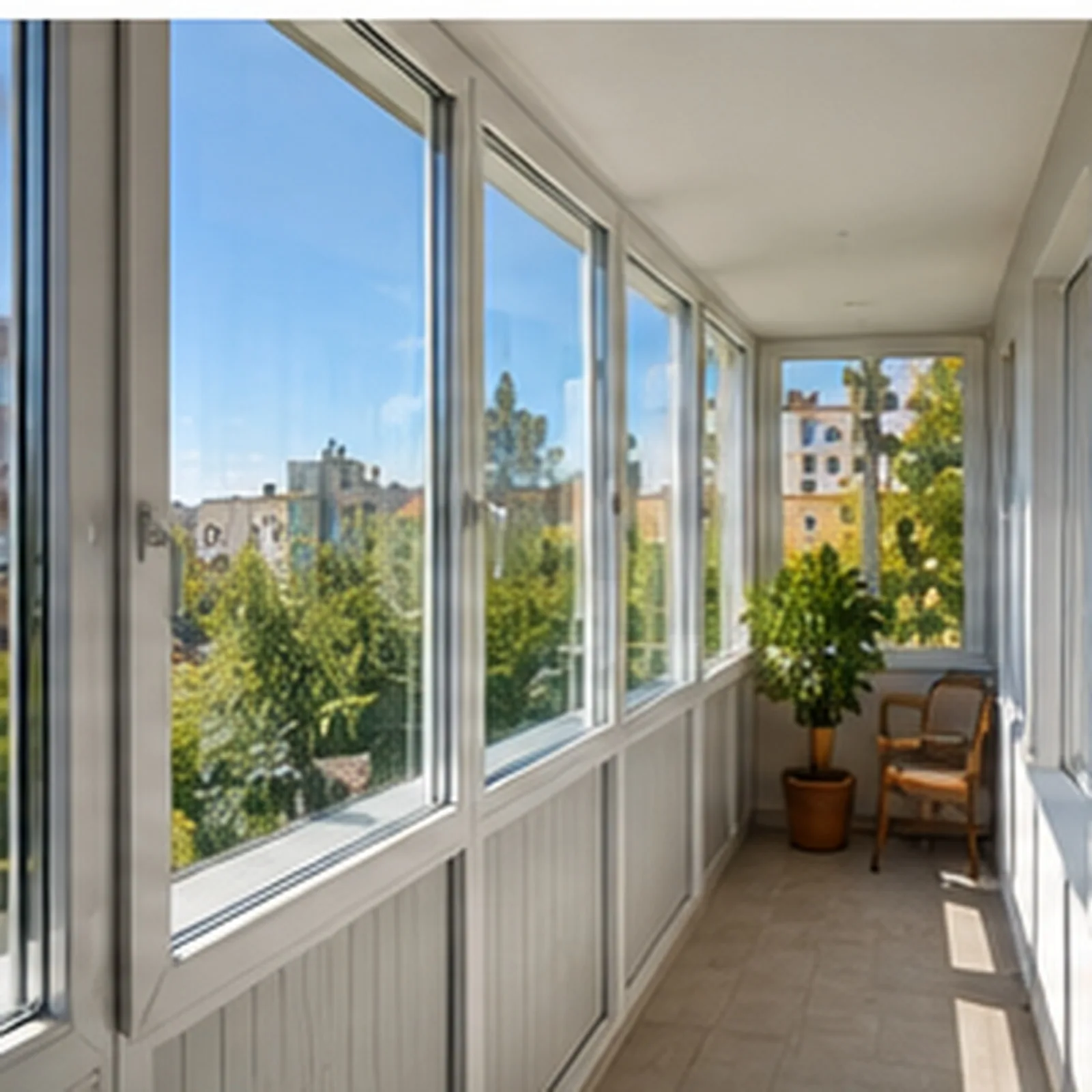 Przeszklony balkon z czystymi szybami, krzesłem i rośliną w doniczce